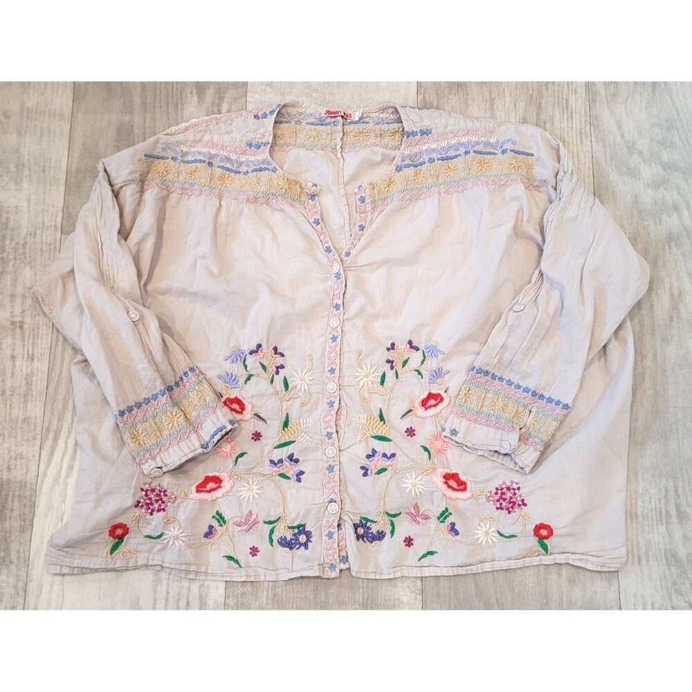 JOHNNY WAS Gisella Heavily Embroidered Blouse Tunic L Boho Floral Boxy *Flaws*